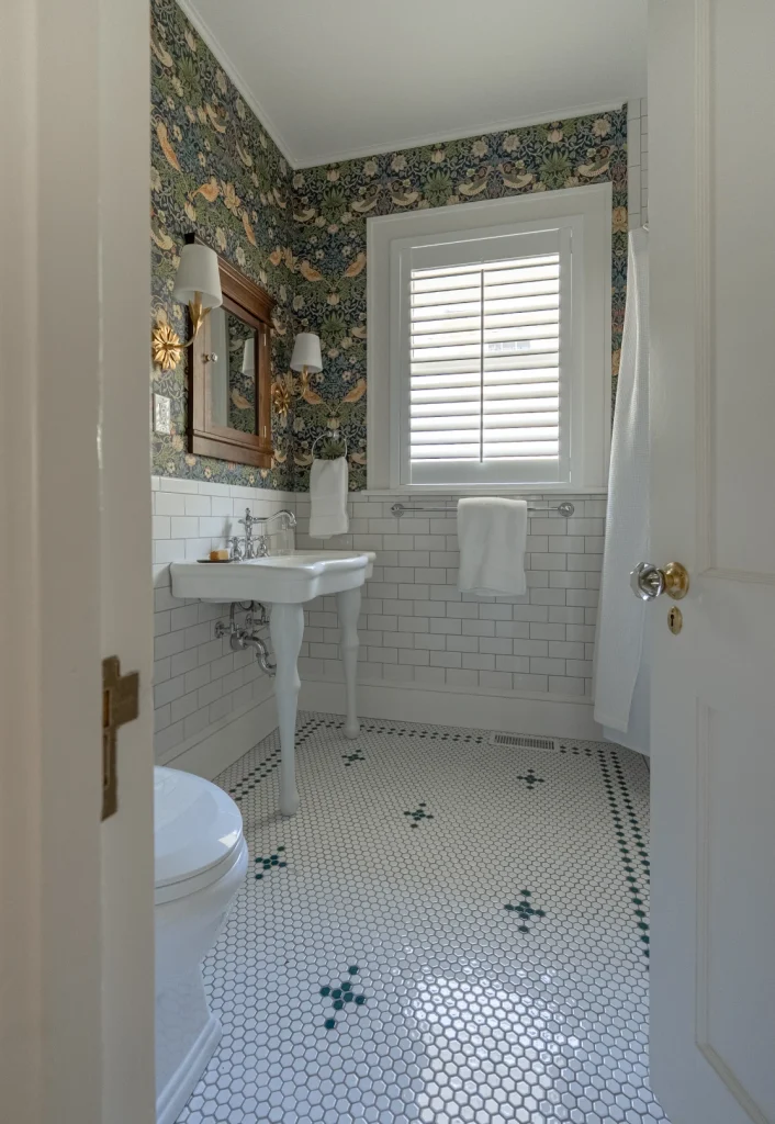 Custom tile flooring design in this bathroom remodel by The Hands of Sean Perry pays homage to styles popular during the home’s early years in the 1930s.