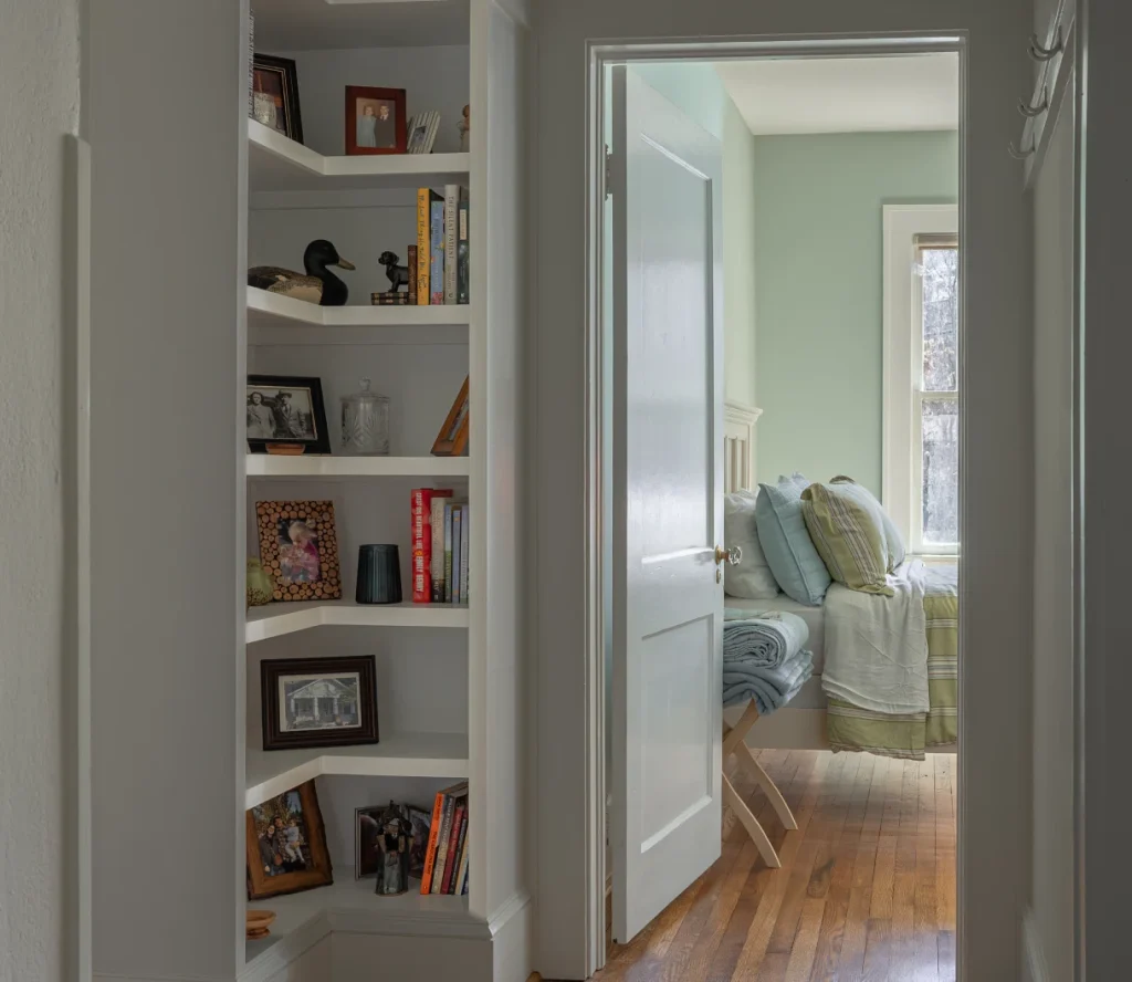 Custom corner built-in shelves, Asheville home renovation